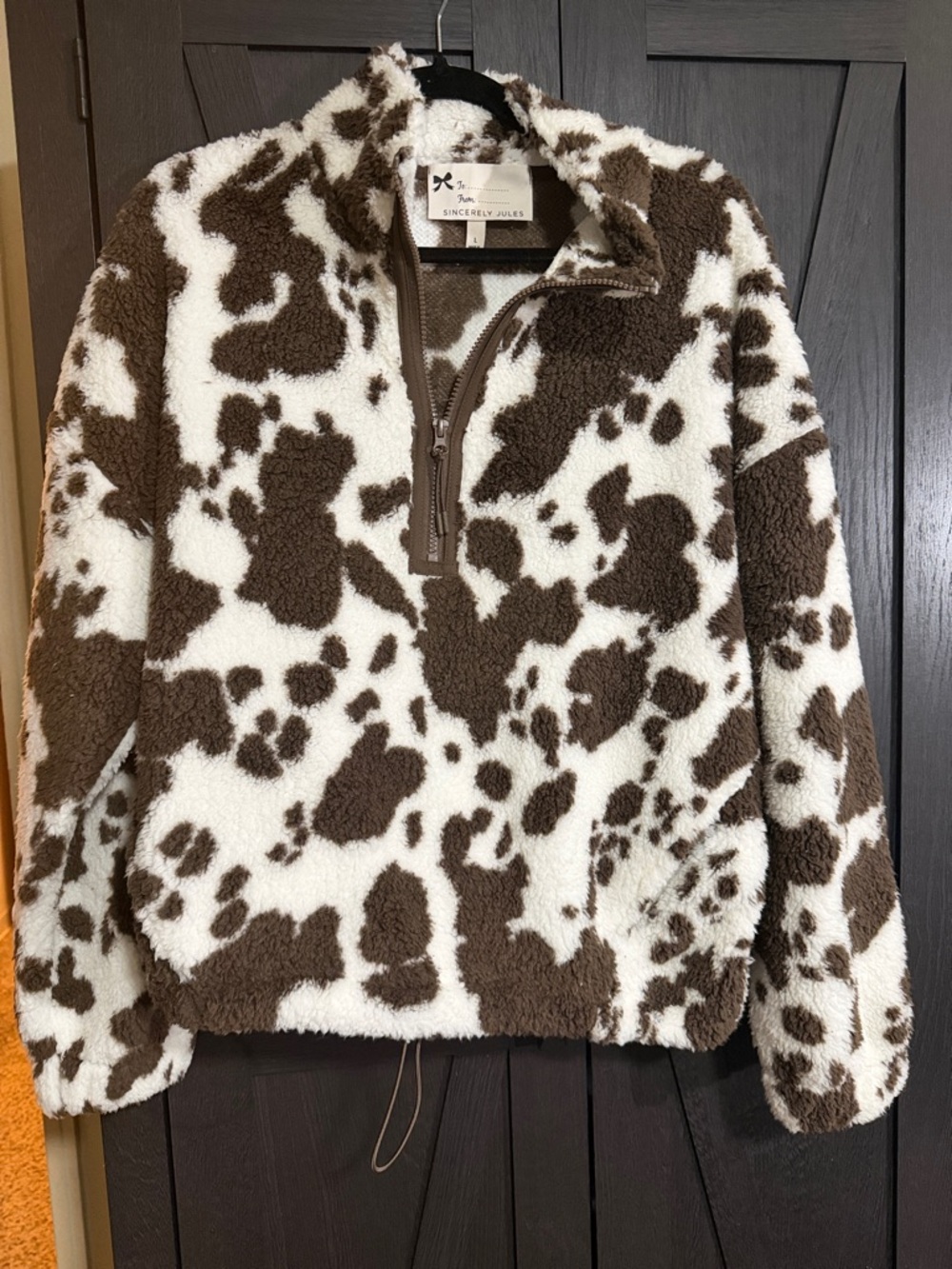 Sincerely Jules Brown & Cream Cow Print Sherpa Jacket